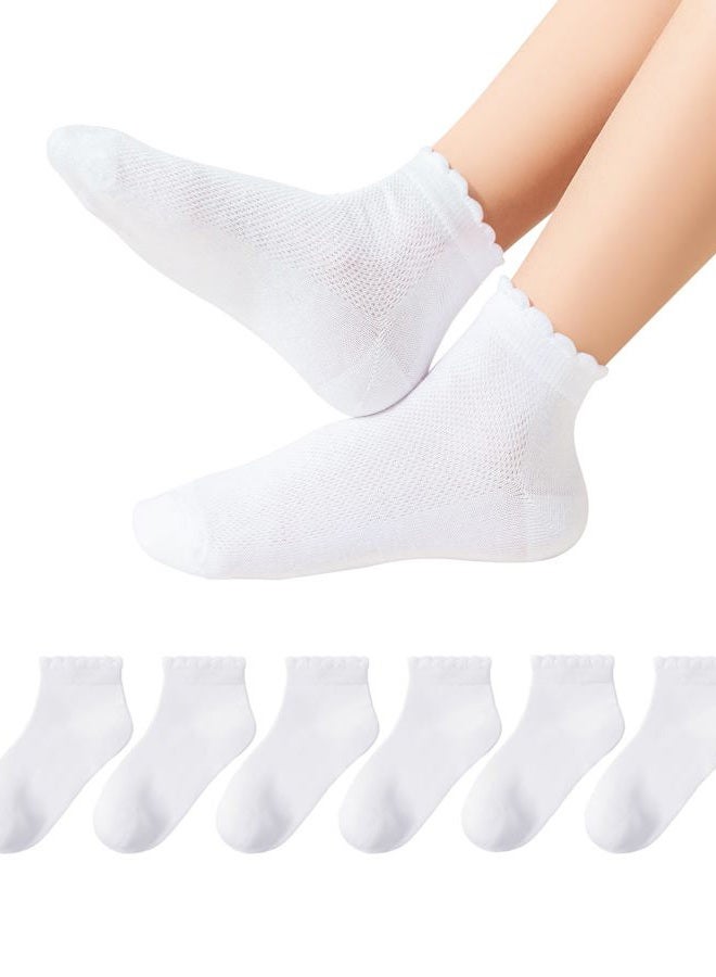 Funjoon Girls White Ruffle Socks School Uniform Kids Cotton Crew Cute Frilly Dress Socks 6 Pack, White, 9-12 years - Image 1