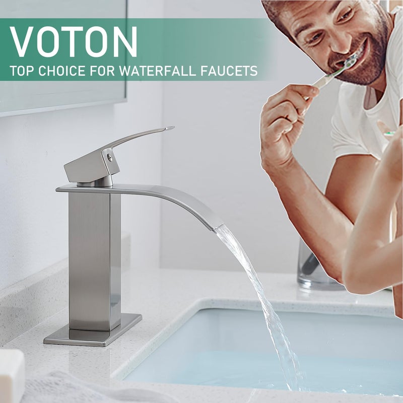 VOTON Waterfall Bathroom Faucets Brushed Nickel Modern Bathroom Sink Faucet Single Handle Bathroom Faucet for 1 or 3 Holes with Deck Plate and Pop-Up Drain, Rv Sink Camper Farmhouse Bathroom Faucet - Image 3
