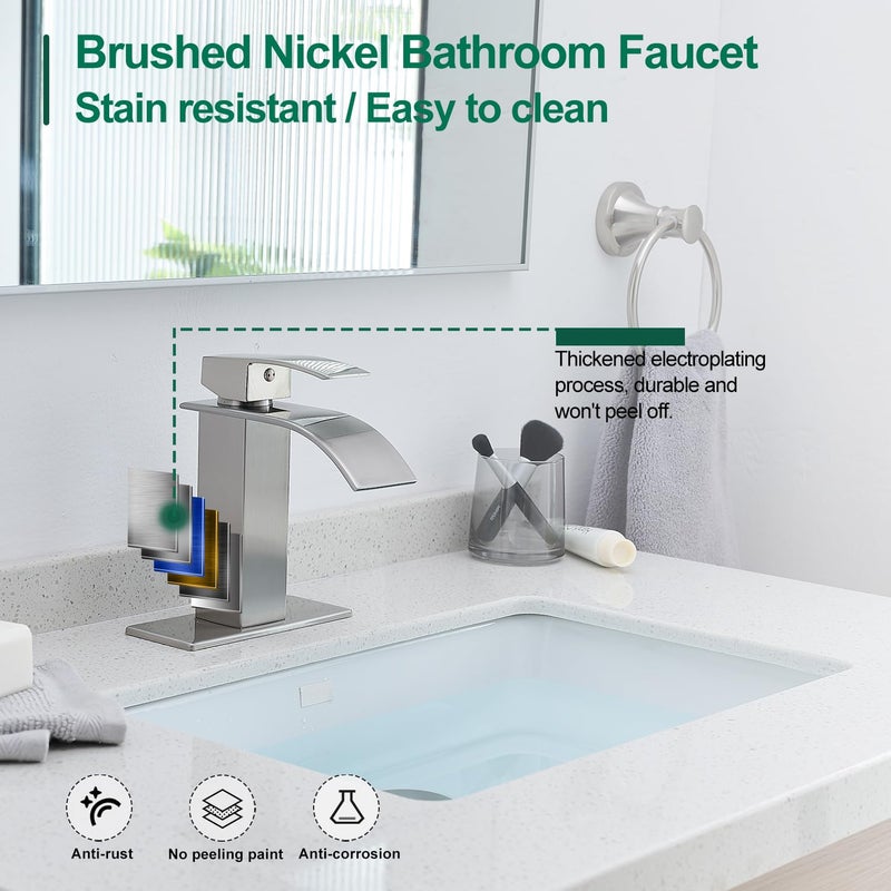 VOTON Waterfall Bathroom Faucets Brushed Nickel Modern Bathroom Sink Faucet Single Handle Bathroom Faucet for 1 or 3 Holes with Deck Plate and Pop-Up Drain, Rv Sink Camper Farmhouse Bathroom Faucet - Image 5
