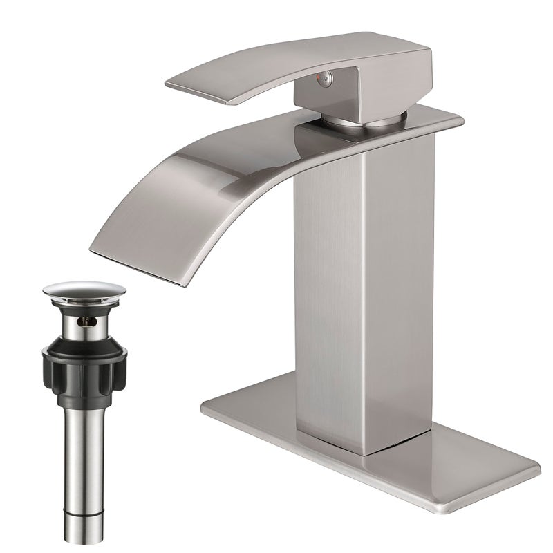 VOTON Waterfall Bathroom Faucets Brushed Nickel Modern Bathroom Sink Faucet Single Handle Bathroom Faucet for 1 or 3 Holes with Deck Plate and Pop-Up Drain, Rv Sink Camper Farmhouse Bathroom Faucet - Image 1