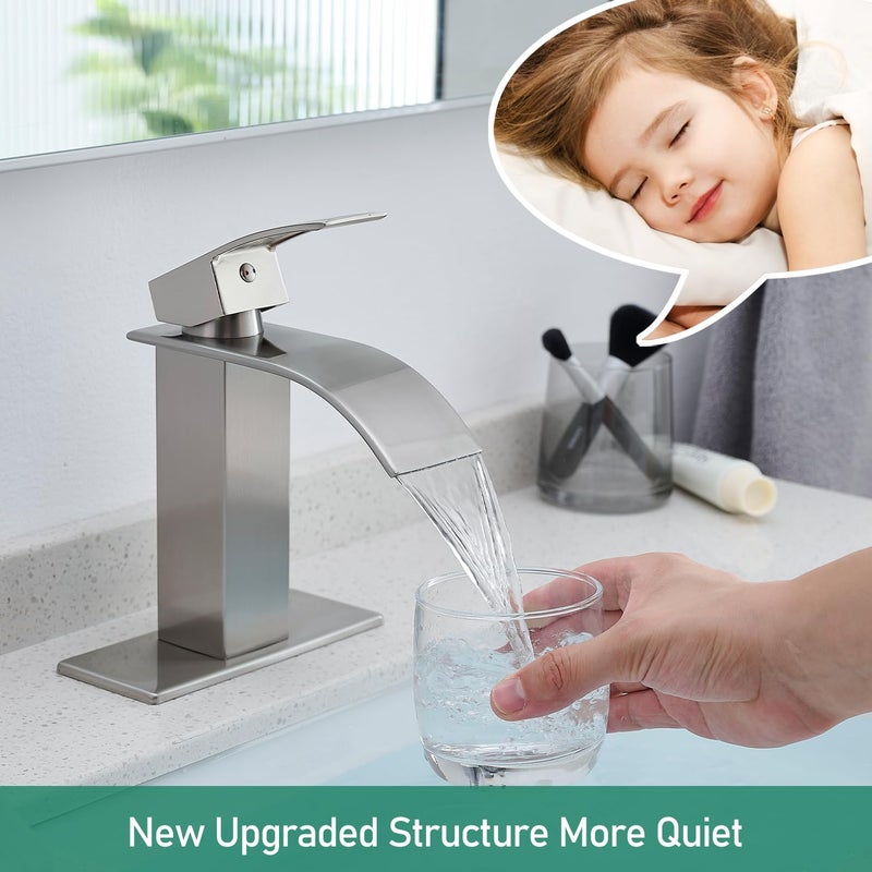 VOTON Waterfall Bathroom Faucets Brushed Nickel Modern Bathroom Sink Faucet Single Handle Bathroom Faucet for 1 or 3 Holes with Deck Plate and Pop-Up Drain, Rv Sink Camper Farmhouse Bathroom Faucet - Image 4