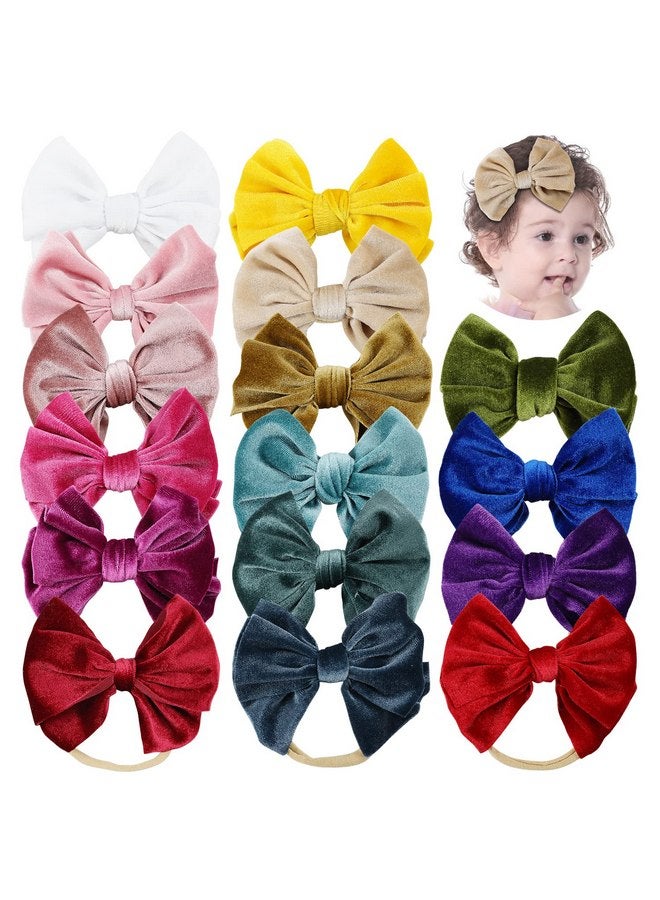 Cinaci 16 Pack Super Stretchy Thin Slim Nylon Headbands with Big Velvet Solid Knot Bow Hair Bands Accessories for Baby Girls Newborns Infants Toddlers Kids - Image 1