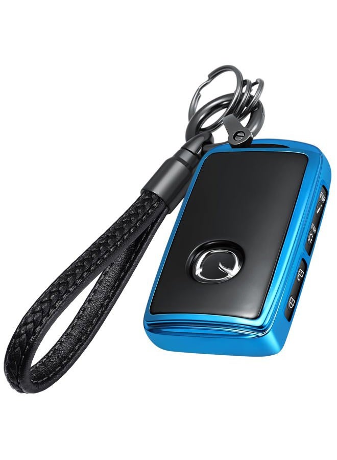 Lcyam Key Fob Cover Case Key Holder with Leather Keychain for Mazda 2024 2022 2023 3 6 CX-30 CX-5 CX-9 (Blue) - Image 1