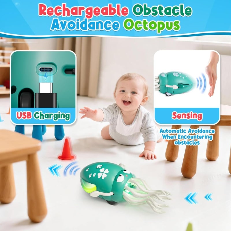 WAVISA Dancing Squid Baby Toy, Electric Crawling Octopus Tummy Time Toy, Rechargeable Dancing Music Squid Baby Toys for 3 4 5 6 Year Old Kids Boy Girl Birthday Gifts Christmas Stocking Stuffers (Green) - Image 5