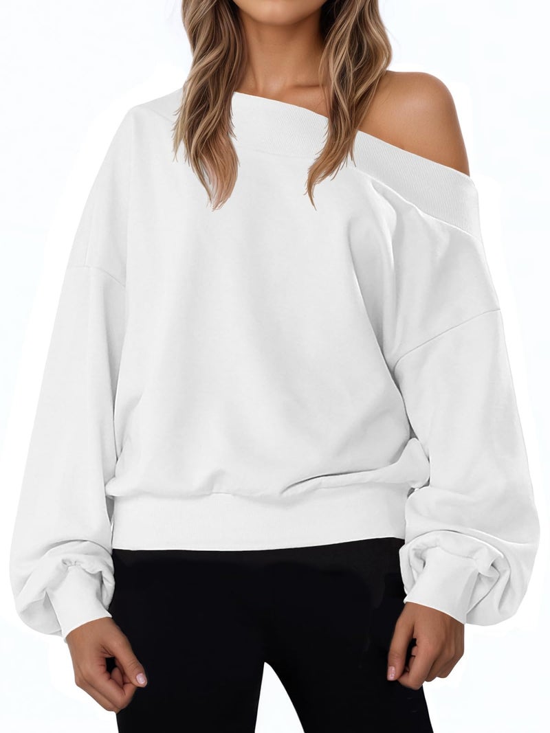 Fisoew Womens Off The Shoulder Sweatshirt Casual Long Sleeve Loose Fit Fall Pullover Tops White - Image 1