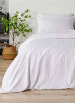 LUNA Home Premium Single size 4-piece bed linen, Satin striped, White color.  - Image 1