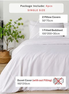 LUNA Home Premium Single size 4-piece bed linen, Satin striped, White color.  - Image 2
