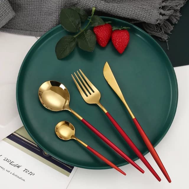 Kolorful 4 Piece Premium Golden Plated 304 Stainless Steel Steak Knife Fork Spoon Teaspoons Mirror Finish Flatware Tableware Dinnerware Cutlery Set Red - Image 1