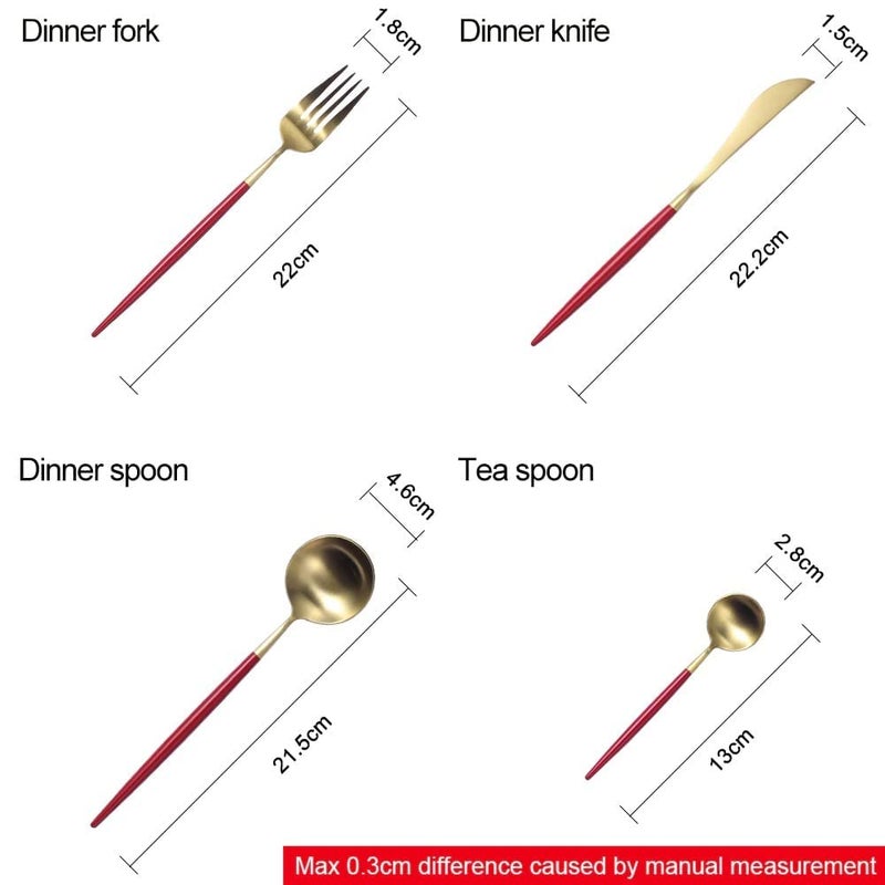Kolorful 4 Piece Premium Golden Plated 304 Stainless Steel Steak Knife Fork Spoon Teaspoons Mirror Finish Flatware Tableware Dinnerware Cutlery Set Red - Image 5