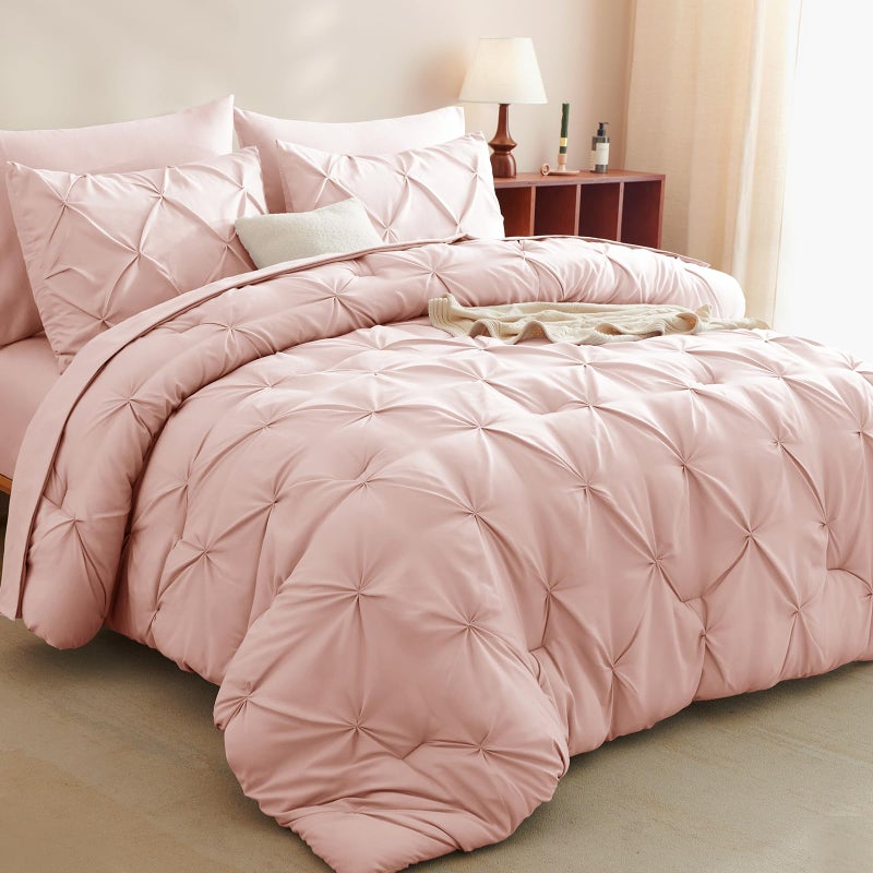 CozyLux Oversized King Comforter Sets Blush Pink, 7 Pieces Oversized King Pintuck Bed in A Bag, Pinch Pleat Bedding Sets with All Season Comforter, Flat Sheet, Fitted Sheet, Pillowcases & Shams - Image 1