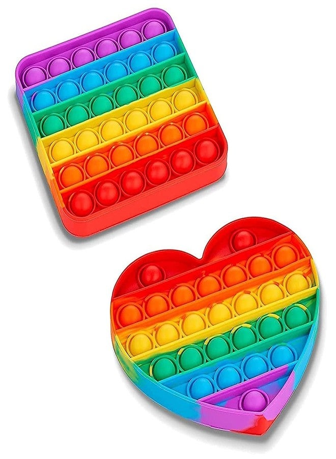 AIMERS 2 Pack Rainbow Pop Fidget Toys, Round and Square, Colorful Push Pop Bubble Squeeze Toy, Silicone Sensory Gadget for Stress, Popper Gift for Kids, Children, Teens, Adults (Square + Heart) - Image 1