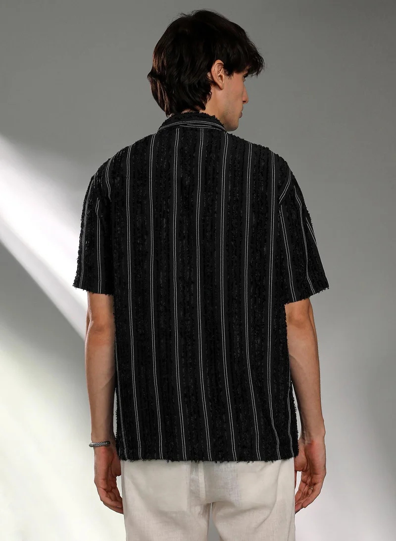 CAHOOT  Men's Raven Black Unhemmed Striped Oversized Shirt For Casual Wear | Cuban Collar | Short Sleeve | Button Closure | Oversized Shirt Crafted With Comfort Fit For Everyday Wear for Men | Best Price UAE