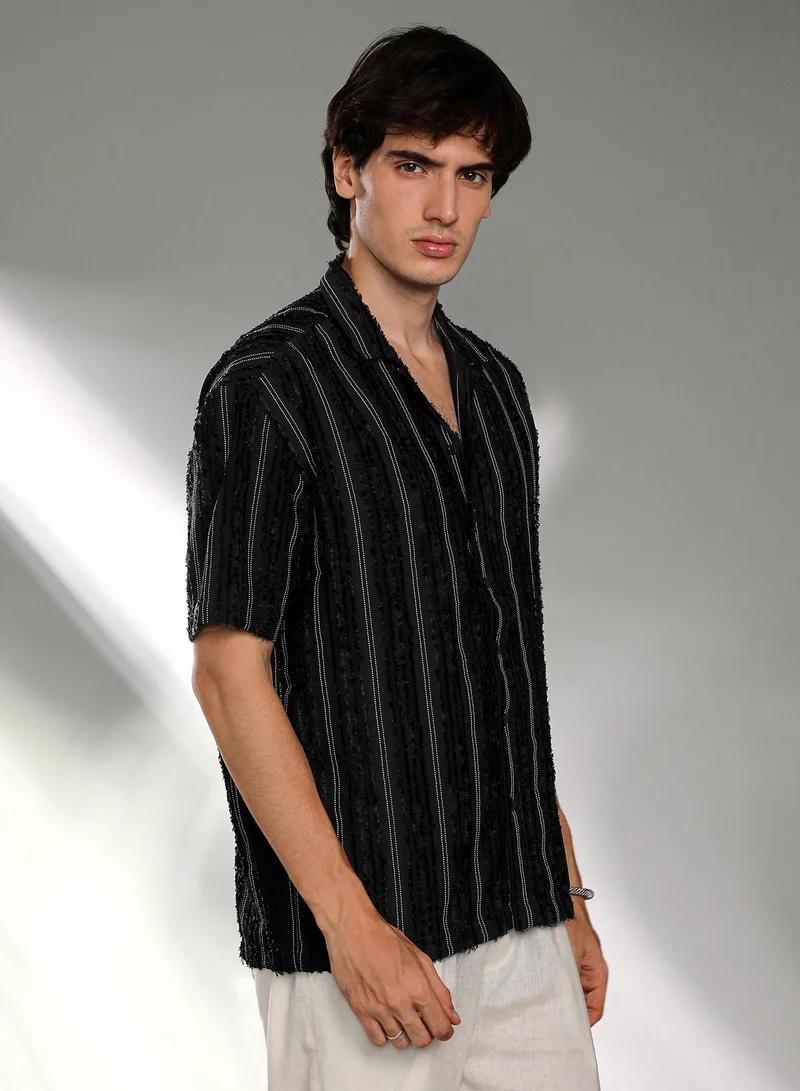 CAHOOT  Men's Raven Black Unhemmed Striped Oversized Shirt For Casual Wear | Cuban Collar | Short Sleeve | Button Closure | Oversized Shirt Crafted With Comfort Fit For Everyday Wear for Men | Best Price UAE