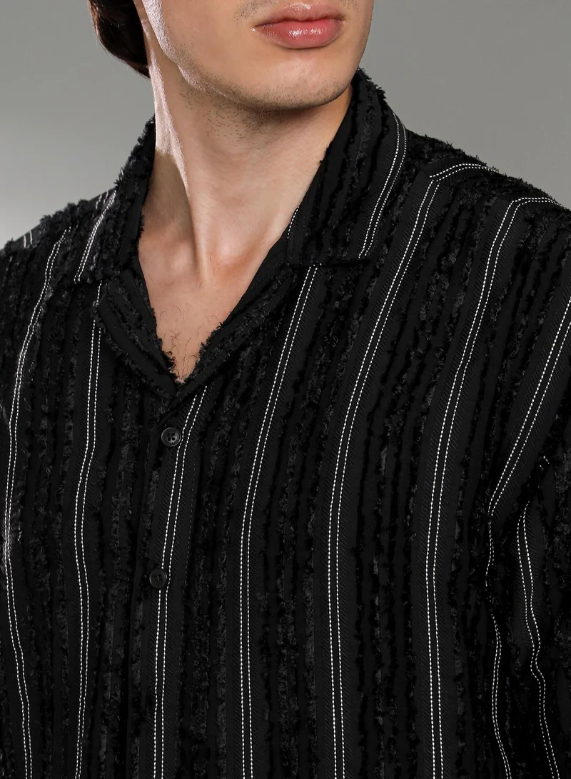 CAHOOT  Men's Raven Black Unhemmed Striped Oversized Shirt For Casual Wear | Cuban Collar | Short Sleeve | Button Closure | Oversized Shirt Crafted With Comfort Fit For Everyday Wear for Men | Best Price UAE
