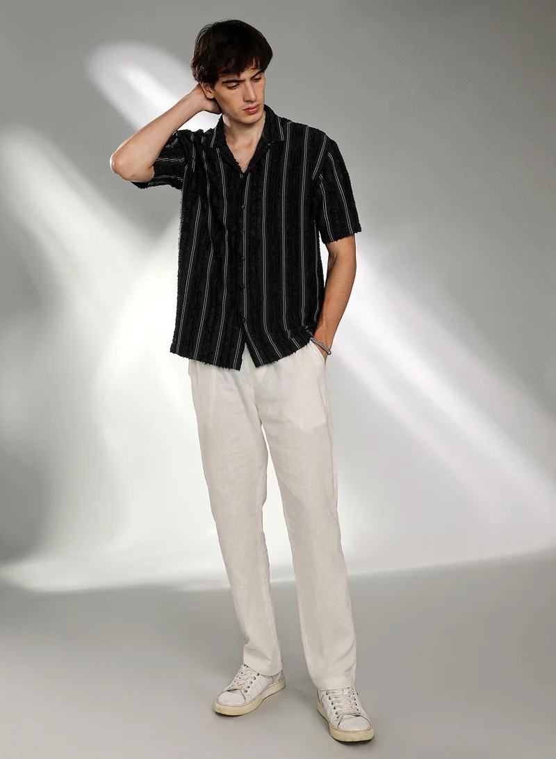 CAHOOT  Men's Raven Black Unhemmed Striped Oversized Shirt For Casual Wear | Cuban Collar | Short Sleeve | Button Closure | Oversized Shirt Crafted With Comfort Fit For Everyday Wear for Men | Best Price UAE