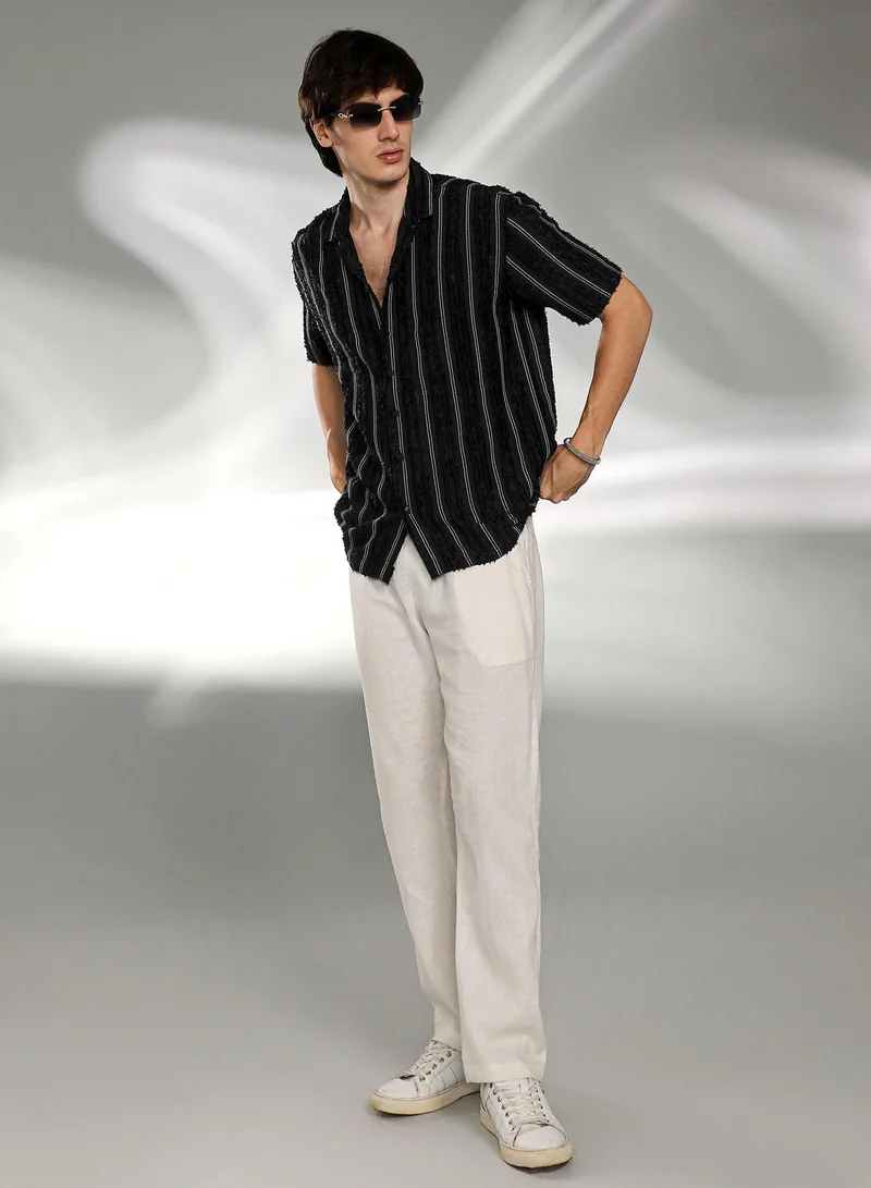 CAHOOT  Men's Raven Black Unhemmed Striped Oversized Shirt For Casual Wear | Cuban Collar | Short Sleeve | Button Closure | Oversized Shirt Crafted With Comfort Fit For Everyday Wear for Men | Best Price UAE