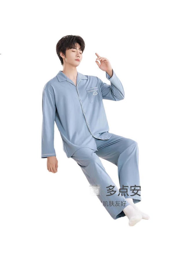 hongdou Men'S Pajamas, Pure Cotton, Antibacterial, Cloud-Style, Simple, Couple'S Cardigan, Long-Sleeve, Home Wear Set [Spring And Summer New Arrival] - Image 1