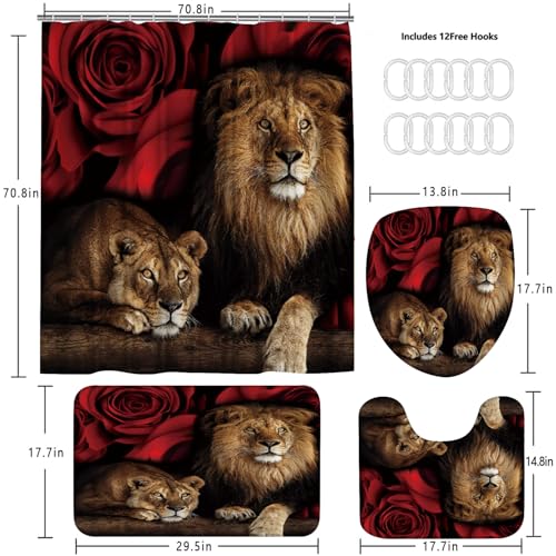 jieprom 4PCS Red Rose and Lion Shower Curtain Bathroom Set with Rugs, Toilet Lid Cover and Bath Mat, Red Shower Curtain with 12 Hooks, Complete Bathroom Accessories Decor Set - Image 5