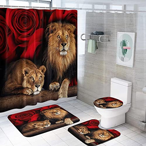 jieprom 4PCS Red Rose and Lion Shower Curtain Bathroom Set with Rugs, Toilet Lid Cover and Bath Mat, Red Shower Curtain with 12 Hooks, Complete Bathroom Accessories Decor Set - Image 2