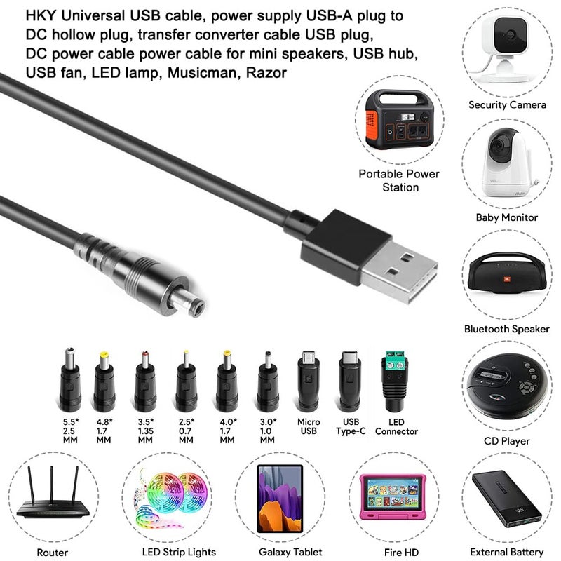 اتش كي واي كابل العالمي USB، كابل طاقة USB-A ذكر إلى قابس DC مجوف، كابل محول ذكر USB، كابل طاقة DC لمكبر الصوت الصغير، محور USB، مروحة USB، ضوء LED، القارئ - Image 3