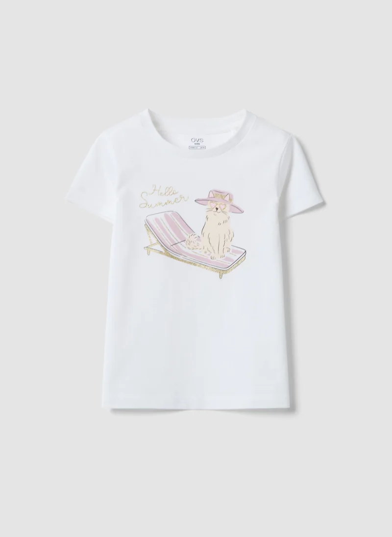 او في اس OVS White Pure Organic Cotton Girlsâ€™ T-Shirt With Print And Glitter