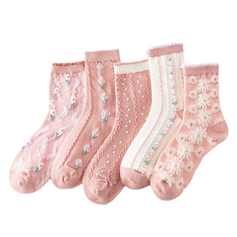 FORJMMP Vintage Embroidered Floral Socks for Women Combed Cotton Crew Socks (5 Pairs-Pink) - Image 4