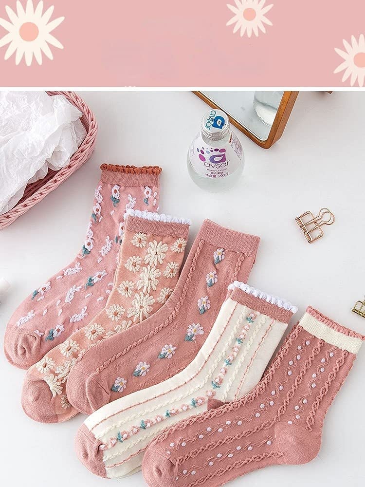 FORJMMP Vintage Embroidered Floral Socks for Women Combed Cotton Crew Socks (5 Pairs-Pink) - Image 3