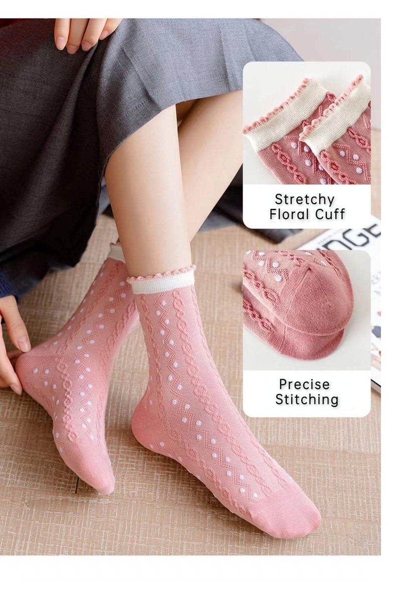 FORJMMP Vintage Embroidered Floral Socks for Women Combed Cotton Crew Socks (5 Pairs-Pink) - Image 5