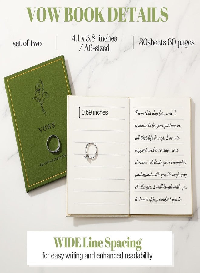 Engrowtic Set of 2 Wedding Vow Books His and Hers Vows on Our Wedding Day Notebooks with Gold Foil Fabric Cover 5.8"x 4.1" Bride and Groom Gift for Newly Engaged Couple, 60 Lined Pages(Green, Beige) - Image 2