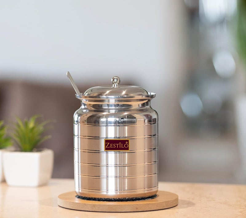 ZESTILO Oil dispenser, ghee pot with spoon, ghee container, ghee pot, ghee storage container, oil dispenser litre steel Platinum Finish (600 ml) - Image 1