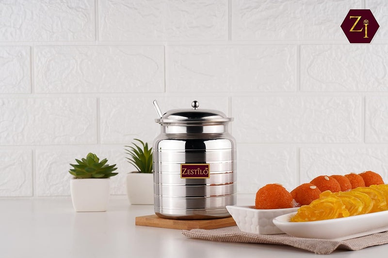 ZESTILO Oil dispenser, ghee pot with spoon, ghee container, ghee pot, ghee storage container, oil dispenser litre steel Platinum Finish (600 ml) - Image 5