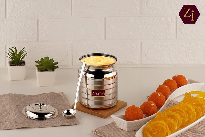 ZESTILO Oil dispenser, ghee pot with spoon, ghee container, ghee pot, ghee storage container, oil dispenser litre steel Platinum Finish (600 ml) - Image 2