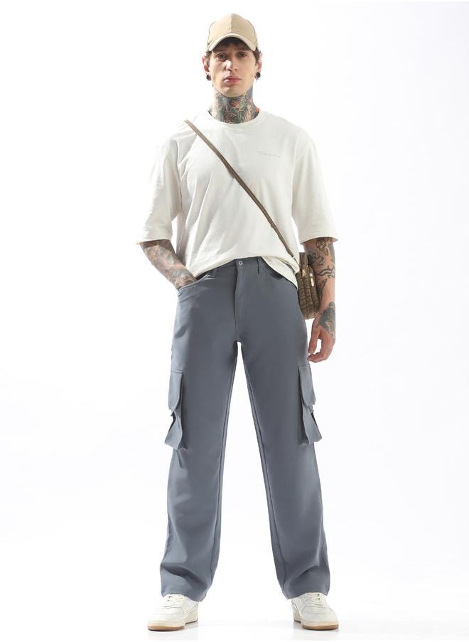 Hubberholme Grey Trousers Solid Button Woven Full Cargo Mid-Rise for Men – Style that defines you  - Image 1