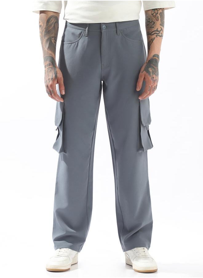Grey Trousers Solid Button Woven Full Cargo Mid-Rise for Men – Style that defines you