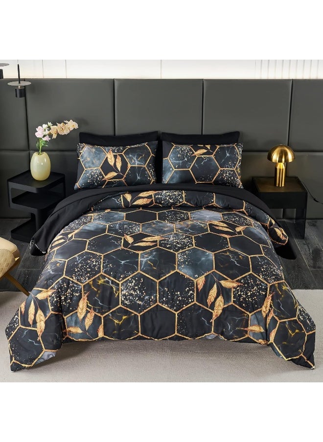 Generic ANGIYUIN Geometric Black Queen Comforter Set, 7 Pieces Modern Foil Print Decor Gold Trim Bed in A Bag, Ultra Soft Lightweight Duvet Insert for All Season (Black Queen)  - Image 1
