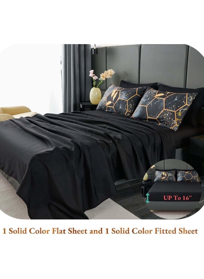Generic ANGIYUIN Geometric Black Queen Comforter Set, 7 Pieces Modern Foil Print Decor Gold Trim Bed in A Bag, Ultra Soft Lightweight Duvet Insert for All Season (Black Queen)  - Image 5