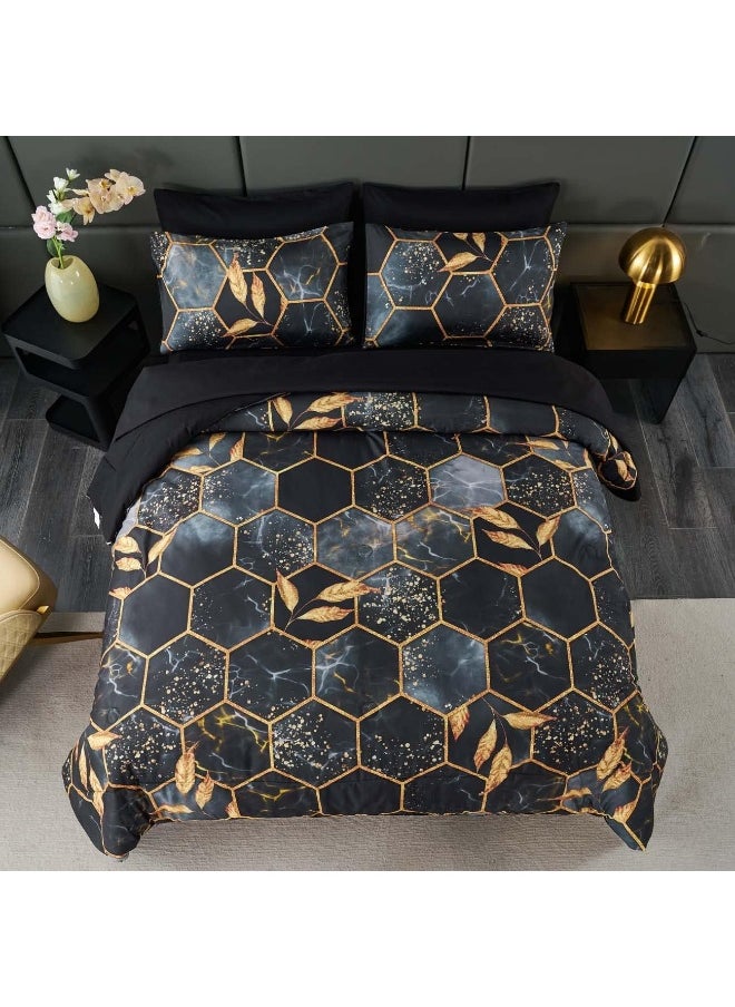 Generic ANGIYUIN Geometric Black Queen Comforter Set, 7 Pieces Modern Foil Print Decor Gold Trim Bed in A Bag, Ultra Soft Lightweight Duvet Insert for All Season (Black Queen)  - Image 2