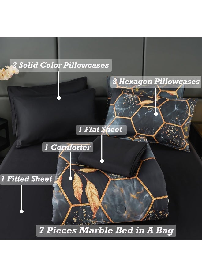 Generic ANGIYUIN Geometric Black Queen Comforter Set, 7 Pieces Modern Foil Print Decor Gold Trim Bed in A Bag, Ultra Soft Lightweight Duvet Insert for All Season (Black Queen)  - Image 3