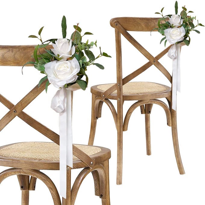 WEDDING AISLE CHAIR DECORATIONS SET OF 6 CHURCH CHAIR BENCH PEW BOWS FOR WEDDING CEREMONY PARTY DECOR WHITE ROSES EUCALYPTUS OLIVE LEAVES ARTIFICIAL FLOWERS