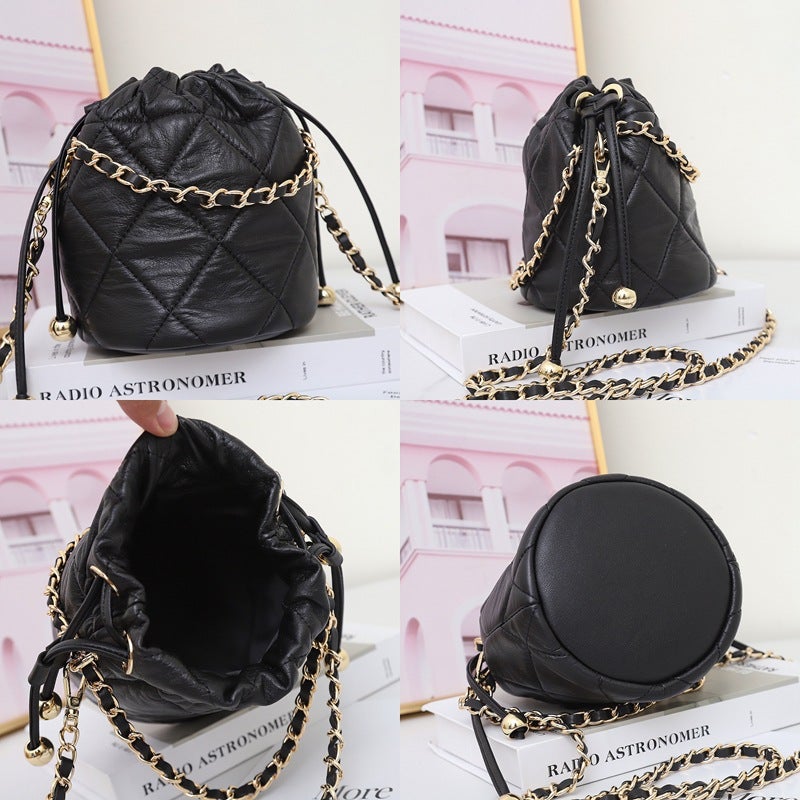 Genuine Leather Bucket Bag Small Bag Chanel Style Golden Ball Chain High-Grade Women'S Rhombus Waist Chain New Cowhide Messenger Bag 9906 - Image 5