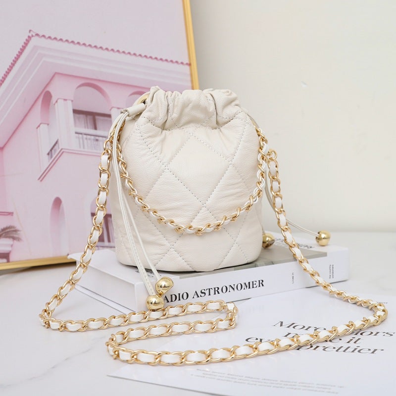 Genuine Leather Bucket Bag Small Bag Chanel Style Golden Ball Chain High-Grade Women'S Rhombus Waist Chain New Cowhide Messenger Bag 9906 - Image 2