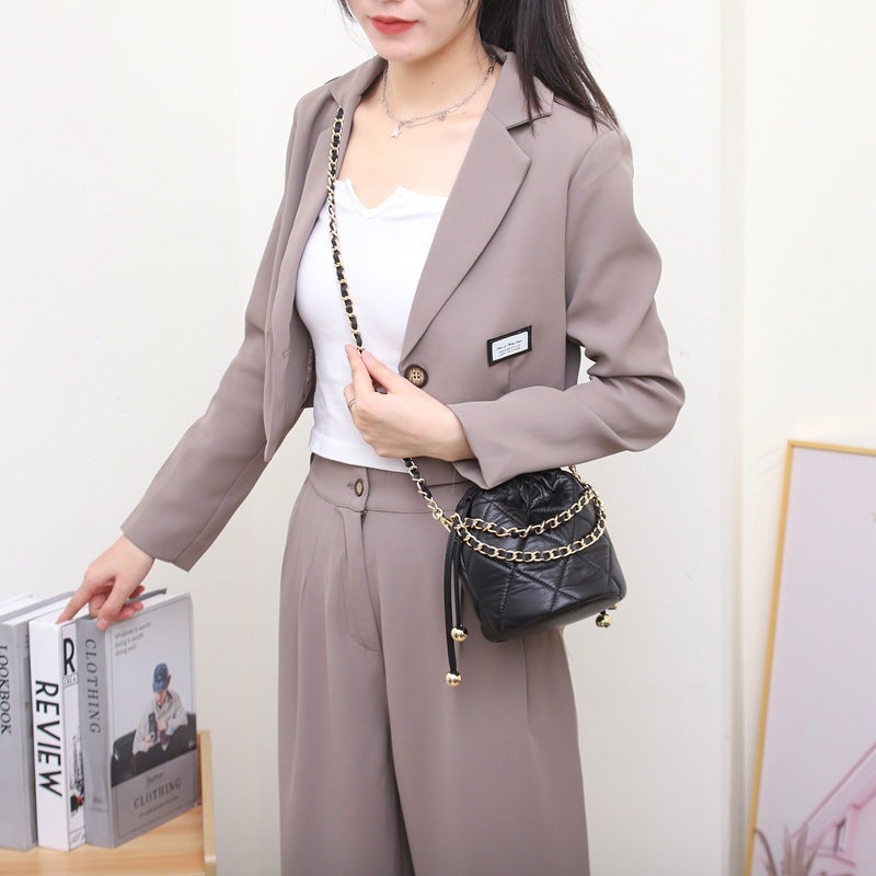 Genuine Leather Bucket Bag Small Bag Chanel Style Golden Ball Chain High-Grade Women'S Rhombus Waist Chain New Cowhide Messenger Bag 9906 - Image 4