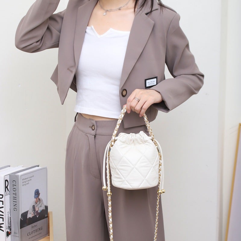 Genuine Leather Bucket Bag Small Bag Chanel Style Golden Ball Chain High-Grade Women'S Rhombus Waist Chain New Cowhide Messenger Bag 9906 - Image 1