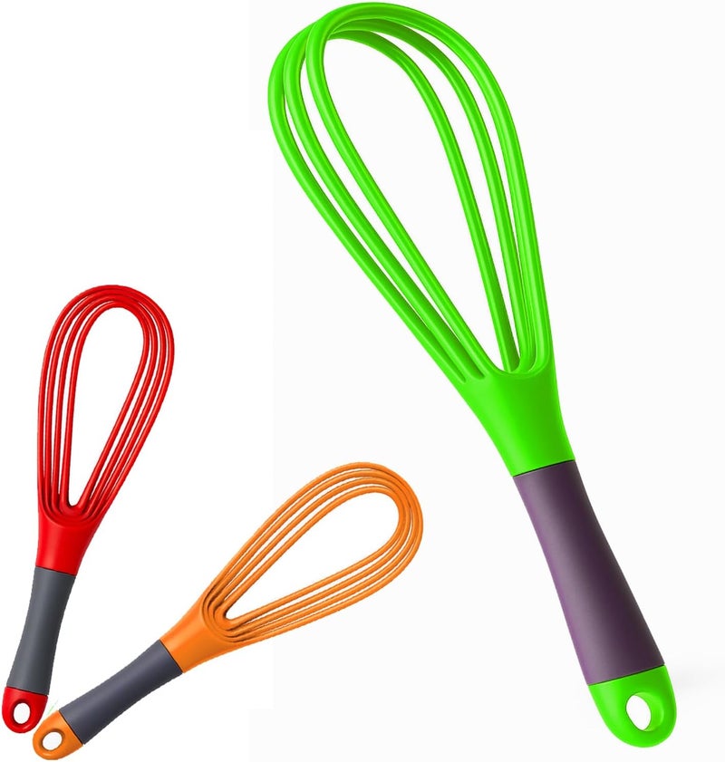 MARKQ Flat and Balloon Collapsible Twist Whisk - Silicone Egg Beater, Handheld Mixer, Baking and Cooking Tool for Kitchen - Assorted Colors (Red, Green, Orange) - Image 1