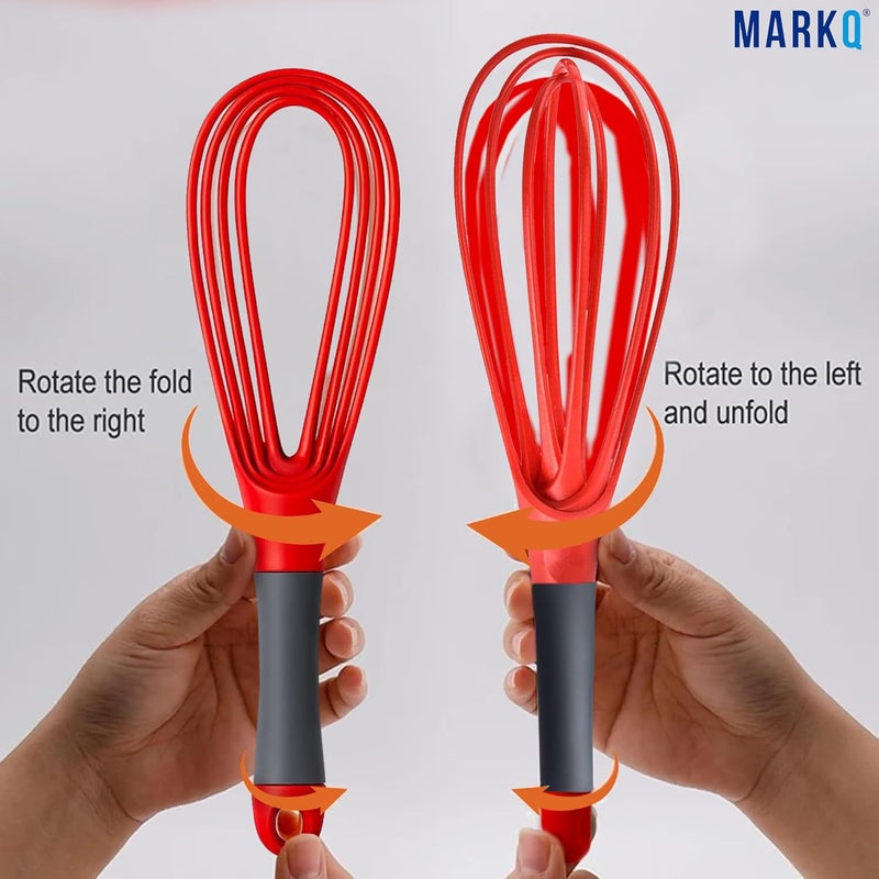 MARKQ Flat and Balloon Collapsible Twist Whisk - Silicone Egg Beater, Handheld Mixer, Baking and Cooking Tool for Kitchen - Assorted Colors (Red, Green, Orange) - Image 4
