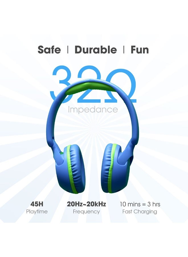 blupebble Kids Wireless Headphones Ages 6+ Bluetooth 5.4 Volume Limited Safe Audio KD80 Bounce 45H Playtime Adjustable Over Ear Headset with Mic USB-C Fast Charging AUX for iPhone Android - Image 4