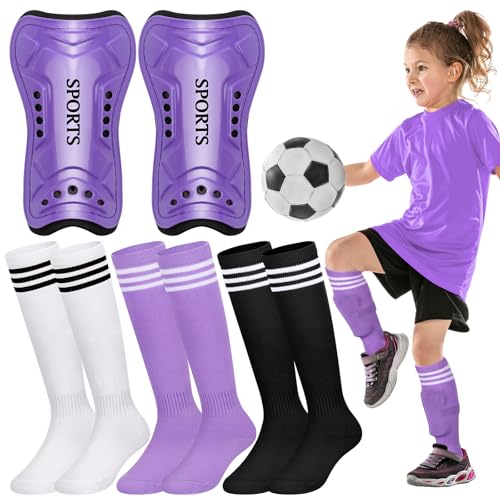 Liliful 4 Pcs Soccer Shin Guards Set for Girl Kids Youth Include 1 Shin Guards 3 Sport Socks Protective Lightweight Gear Leg Pads Gear for 315 Girls Boy Children TeensPurpleS - Image 1