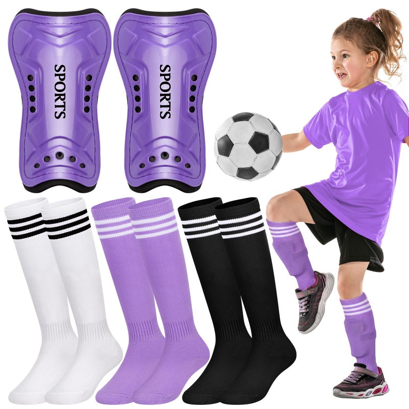 Liliful 4 Pcs Soccer Shin Guards Set for Girl Kids Youth Include 1 Shin Guards 3 Sport Socks Protective Lightweight Gear Leg Pads Gear for 315 Girls Boy Children TeensPurpleS - Image 2