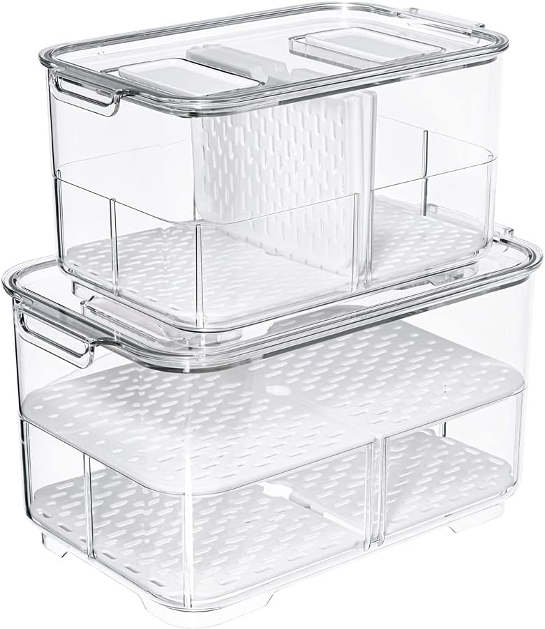 SANNO Vegetable Fruit Containers Fridge Food Storage Produce Saver Container Stackable Refrigerator Freezer Organizer Fresh Keeper Drawers Organizer set of 2 - Image 1