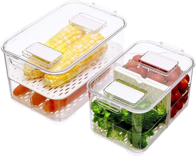 SANNO Vegetable Fruit Containers Fridge Food Storage Produce Saver Container Stackable Refrigerator Freezer Organizer Fresh Keeper Drawers Organizer set of 2 - Image 2